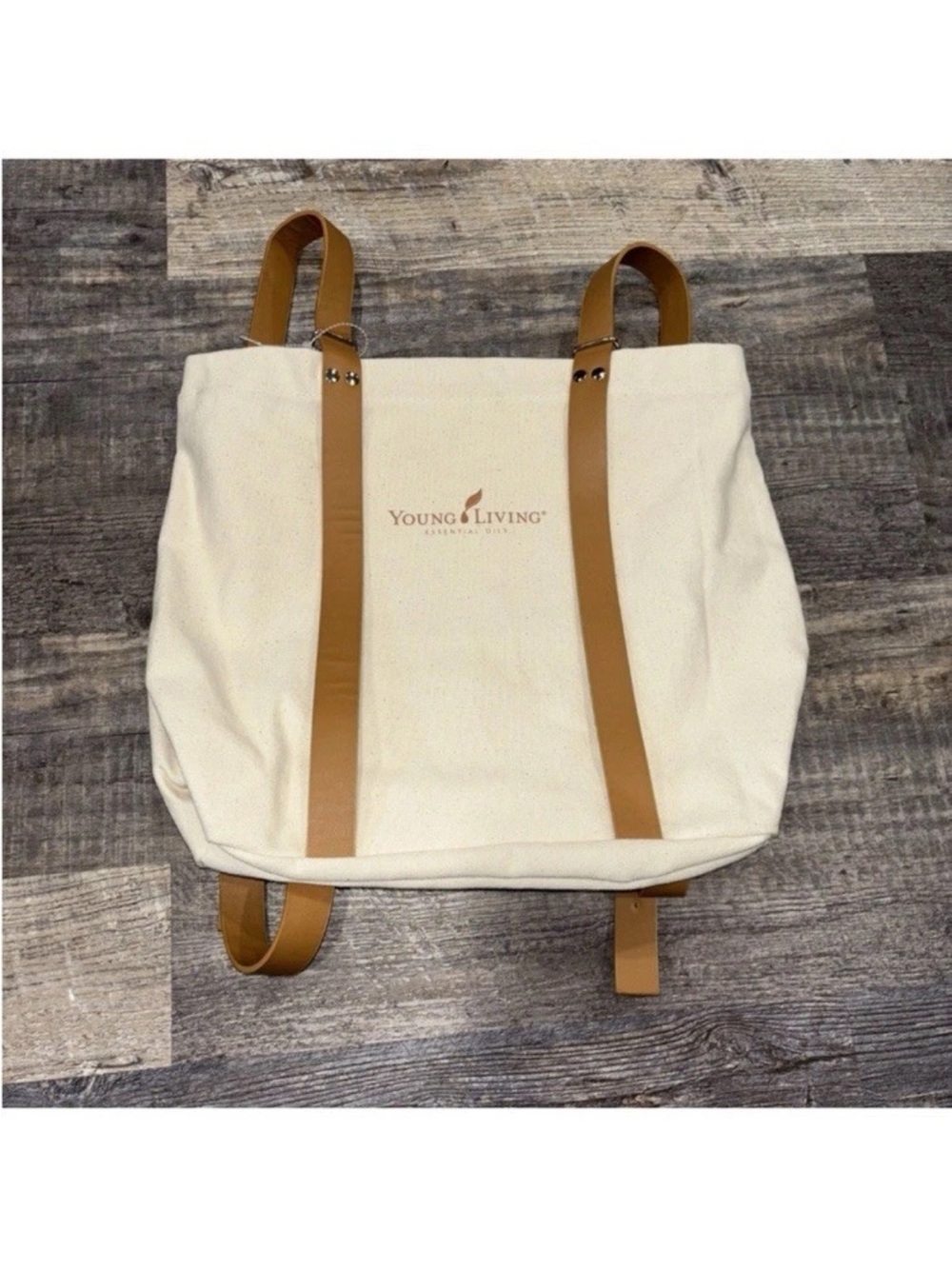 Young Living Cream Canvas Backpack with Tan Leather Straps